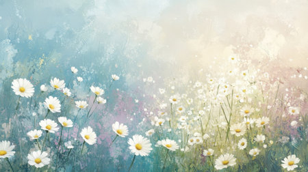 Enchanting abstract floral design showcasing white daisies, set against a soft pastel backdrop, ideal for various creative projects and conveying spring joy.の素材