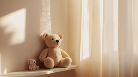 Two adorable teddy bears placed on a shelf near a bright window. The soft sunlight filters through sheer drapes, creating a warm and cozy atmosphere perfect for any child's room.の素材