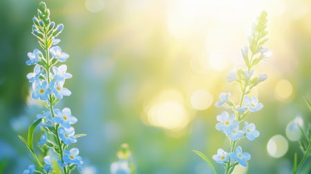 Delicate blue flowers bask in soft morning light, highlighting the beauty of nature in a serene green meadow, perfect for evoking feelings of peace and tranquility.の素材