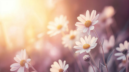 A serene scene captures daisies blooming softly in a beautiful garden. The gentle light creates a dreamy atmosphere, evoking feelings of peace and tranquility.の素材