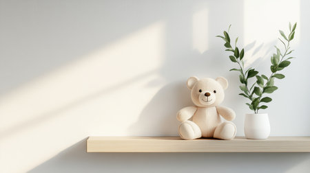 A cozy scene featuring a soft teddy bear and a minimalist vase with greenery on a wooden shelf, illuminated by gentle sunlight, perfect for creating a tranquil atmosphere.の素材