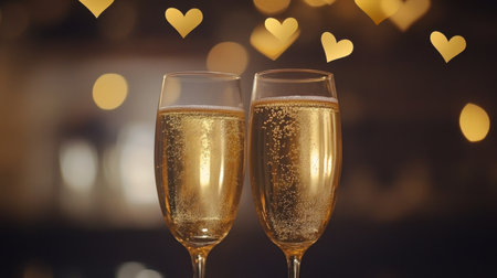 Two elegant flutes of sparkling champagne sit together, surrounded by enchanting floating hearts, creating a romantic and celebratory atmosphere perfect for special moments.の素材