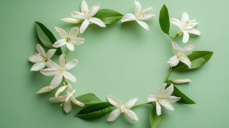 Delicate white flowers framed by lush green leaves create a serene circle on a pastel background, ideal for promoting nature, beauty, and tranquility in design.の素材