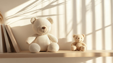 A charming scene featuring a larger teddy bear and a smaller plush toy on a wooden shelf, illuminated by soft sunlight, perfect for highlighting children's room decor.の素材
