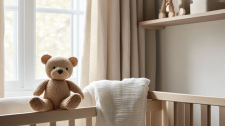 A tranquil nursery scene showcasing a handmade teddy bear perched on a crib, complemented by soft textiles and gentle natural light for a soothing atmosphere.の素材