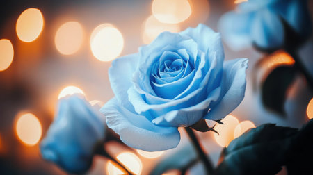 A stunning blue rose stands out against a softly blurred bokeh background, offering a serene and romantic vibe ideal for floral decor and artistic projects.の素材
