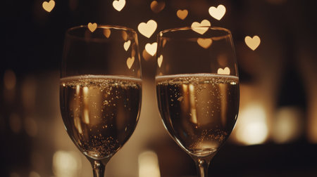 Enchanting image of two sparkling wine glasses clinking together, surrounded by heart-shaped bokeh lights, perfect for conveying romance and celebration for special events.の素材