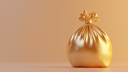 A beautiful golden bag stands out against a soft orange background, symbolizing wealth and prosperity, designed to add an elegant touch to any creative project or advertisement.の素材