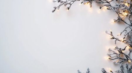 Capture the essence of winter with this beautiful arrangement of frosted branches and warm fairy lights, ideal for adding a cozy touch to any holiday setting.の素材