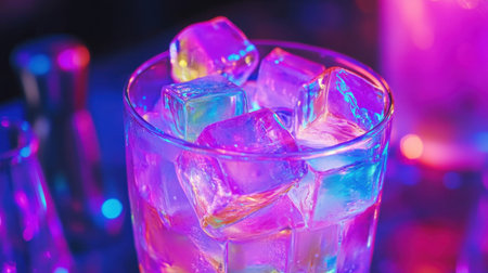 Close-up of a vibrant cocktail glass with ice cubes and garnish at a bar. Refreshing and colorful, perfect for summer vibes.の素材