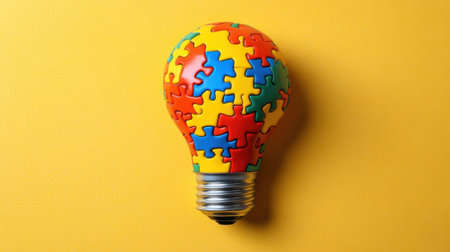 This vibrant image features a light bulb shaped like a puzzle piece, representing creativity and innovation against a bright yellow background, symbolizing fresh ideas and problem-solving.の素材