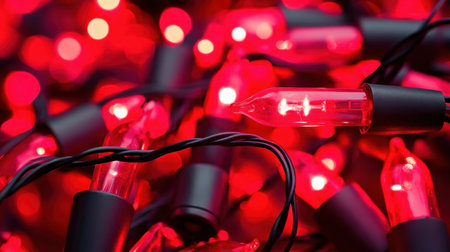 A close-up view of radiant red Christmas lights intertwined, showcasing their vibrant glow against a dark backdrop, ideal for creating a festive atmosphere during holiday events.の素材
