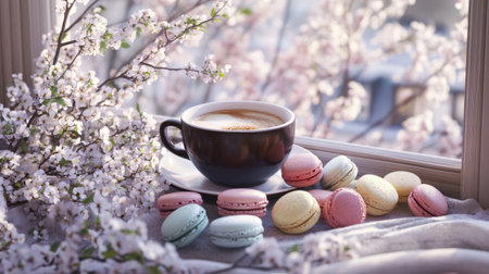 A serene spring morning scene featuring a cozy cup of coffee beside colorful macarons, framed by delicate cherry blossoms in full bloom on a sunlit windowsill.の素材
