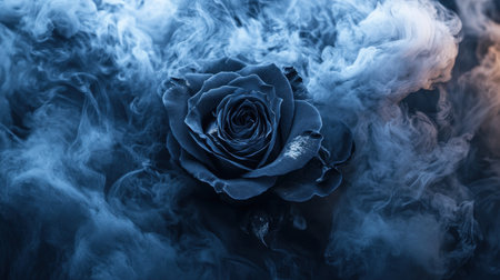 A mesmerizing close-up of a blue rose enveloped in ethereal smoke, showcasing the delicate petals and rich colors in a dramatic and artistic composition.の素材