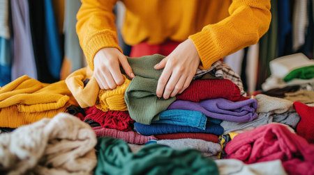 Person arranging vintage clothes and accessories at a swap meet, promoting waste reduction through stylish secondhand findsの素材