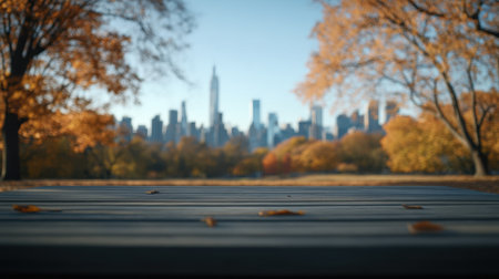 Experience the serene beauty of autumn with vibrant foliage surrounding a stunning view of the Manhattan skyline captured under a clear blue sky.の素材