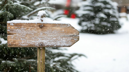 A rustic wooden sign stands blank in a snowy winter landscape, surrounded by snow-laden evergreens, with soft snowfall creating a tranquil winter scene.の素材