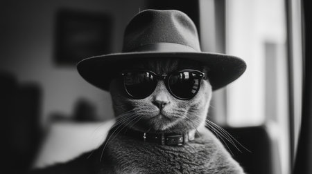 Portrait of a cat with a fedora and dark shades, portraying a gangster look. Bold pet photography style.の素材