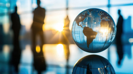 A glass globe with a world map reflects beautifully in the foreground, while business professionals stand silhouettes against a stunning sunset, symbolizing global connections.の素材