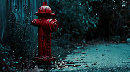 A vibrant red fire hydrant stands alone on a concrete pathway, surrounded by overgrown greenery and fallen leaves, creating a captivating scene filled with depth and contrast.の素材