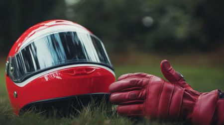 Red and white helmet with matching gloves, placed on surface, representing safety gear for motorcycling.の素材