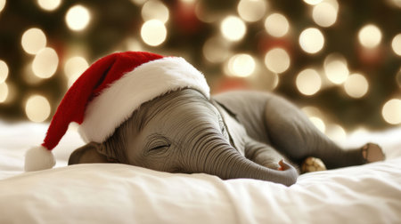 This charming image captures a baby elephant wearing a Santa hat, peacefully sleeping on a soft bed, surrounded by beautiful Christmas lights, evoking warmth and holiday spirit.の素材