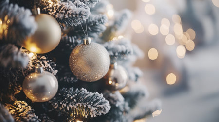 This enchanting image captures a close-up of shimmering gold ornaments on a frosted Christmas tree, surrounded by warm blurred lights, evoking a delightful festive mood.の素材