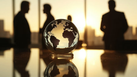 Silhouettes of business professionals communicate while a globe symbolizes global connection, set against a stunning sunset over an urban skyline.の素材