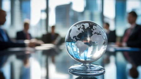 A glass globe sits on a conference table, reflecting a modern office skyline while business professionals engage in strategic discussions about global trade and collaboration.の素材
