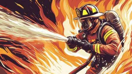 Vector illustration of a fireman in action, hose spraying water as flames rise around, capturing bravery and duty in a stylized look.の素材