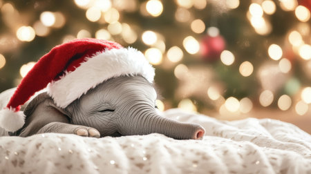 A cute baby elephant adorned with a Santa hat peacefully sleeps on a soft blanket amidst beautiful Christmas lights, creating a heartwarming and serene holiday scene.の素材