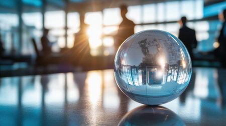 A stunning reflective glass globe sits on a table, capturing a beautiful sunset and silhouetted business figures, symbolizing connection and collaboration in the modern workplace.の素材