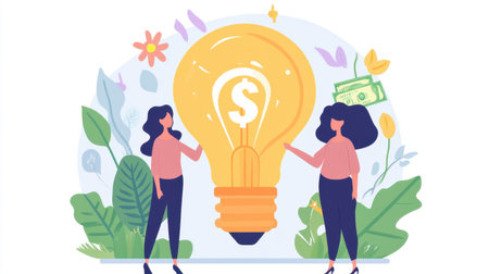 Two business partners with a glowing lightbulb between them, dollar sign inside, representing creative ideas and profit potential.の素材