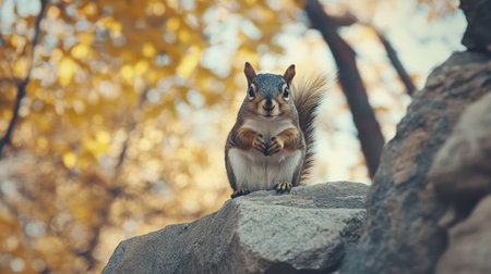 Squirrel perched on the edge of a wall, its curious gaze and stance capturing a moment of playful curiosity.の素材
