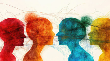 Silhouettes of people engaged in conversation, abstract lines joining them, representing deep, meaningful connection and dialogue.の素材