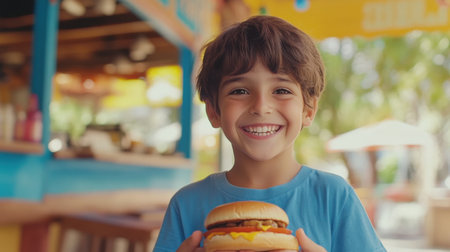 A cheerful boy smiles widely while holding a tasty hamburger, surrounded by a colorful outdoor restaurant setup, capturing the essence of fun and carefree summer days.の素材