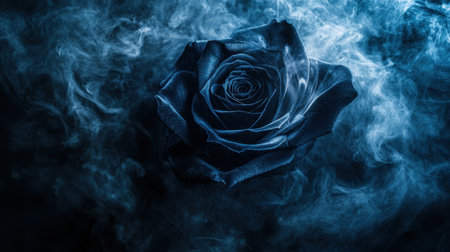 A striking blue rose emerges from a swirling haze of smoke, creating a captivating scene of beauty and mystery. Perfect for artistic and romantic themes.の素材