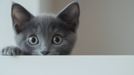 A charming gray kitten peeks over a white surface with wide eyes, capturing a moment of curiosity and playfulness in a softly lit indoor setting.の素材