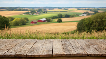 A beautiful rural landscape showcasing rolling green hills, farmland, and barns under a partly cloudy sky, perfect for evoking a sense of tranquility and nature.の素材