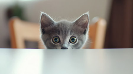 An adorable gray kitten peeks over the edge of a table, showcasing its big eyes and playful nature, creating a heartwarming moment in a cozy indoor environment.の素材