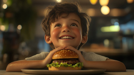 A joyful young boy is eagerly staring at a delicious burger on a plate, showcasing his excitement and anticipation in a warm, inviting restaurant atmosphere.の素材