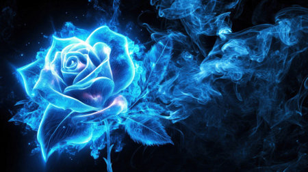 An enchanting blue rose emerges from a dark background, surrounded by ethereal smoke, creating a mystical and artistic atmosphere perfect for creative projects.の素材