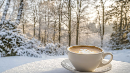 A serene winter scene featuring a warm cup of coffee on a snowy table, surrounded by a beautiful forest. Perfect for evoking feelings of coziness and tranquility.の素材