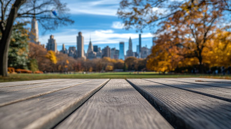 Experience the beauty of an urban park in autumn, featuring a wooden pathway that leads to a stunning skyline, with vibrant foliage under a bright blue sky.の素材