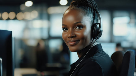 A confident female customer service agent wearing a headset, engaging with clients in a modern office space, showcasing a friendly and professional demeanor.の素材