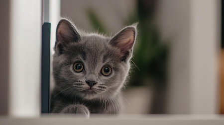 A charming gray kitten with big bright eyes curiously peeks through a doorway, adding a touch of warmth and joy to a cozy home setting filled with greenery.の素材