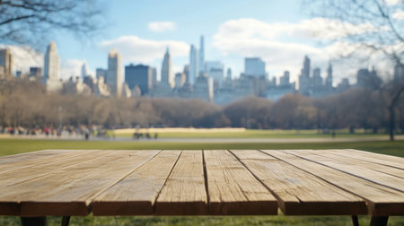 A wooden table sits in the foreground of Central Park, offering a stunning view of the New York City skyline under a bright sky, inviting relaxation and exploration of the urban landscape.の素材