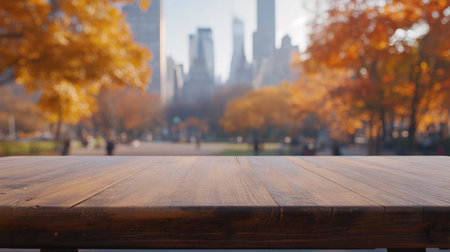 An inviting wooden table awaits in a serene park setting, surrounded by stunning autumn foliage and soft cityscape in the background, perfect for gatherings or photography.の素材
