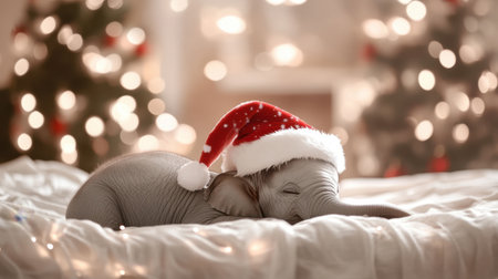 Cute baby elephant in a Santa hat peacefully sleeping on a bed surrounded by twinkling holiday lights, creating a heartwarming festive atmosphere perfect for Christmas celebrations.の素材
