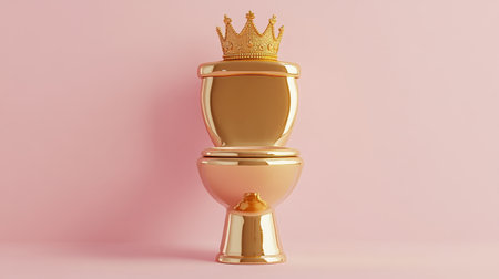 A striking image featuring a golden toilet topped with a crown, set against a soft pink background, offering unique decor ideas with a humorous twist for modern interiors.の素材